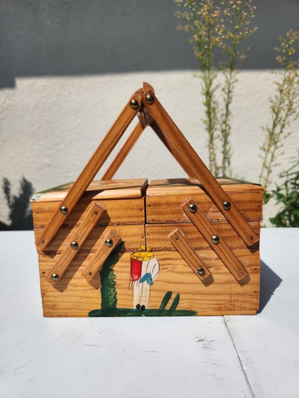 Vintage Hand-Painted Mexican Folk Art Accordion Sewing Box Craft Box Organizer R